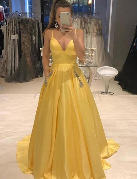 Simple A Line Spaghetti Straps Yellow Prom Dresses With Pockets,evening Party Gown -   15 dress Largos amarillos ideas