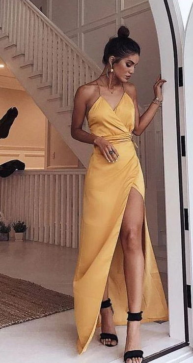 Spaghetti Straps Yellow Long Prom Dresses ,Sexy V Neck Prom Dress with Side Split -   15 dress Largos amarillos ideas