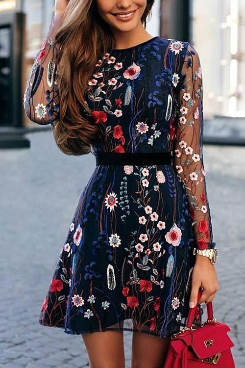 Embroidery O Neck Mini Dress -   15 dress Spring elegant ideas
