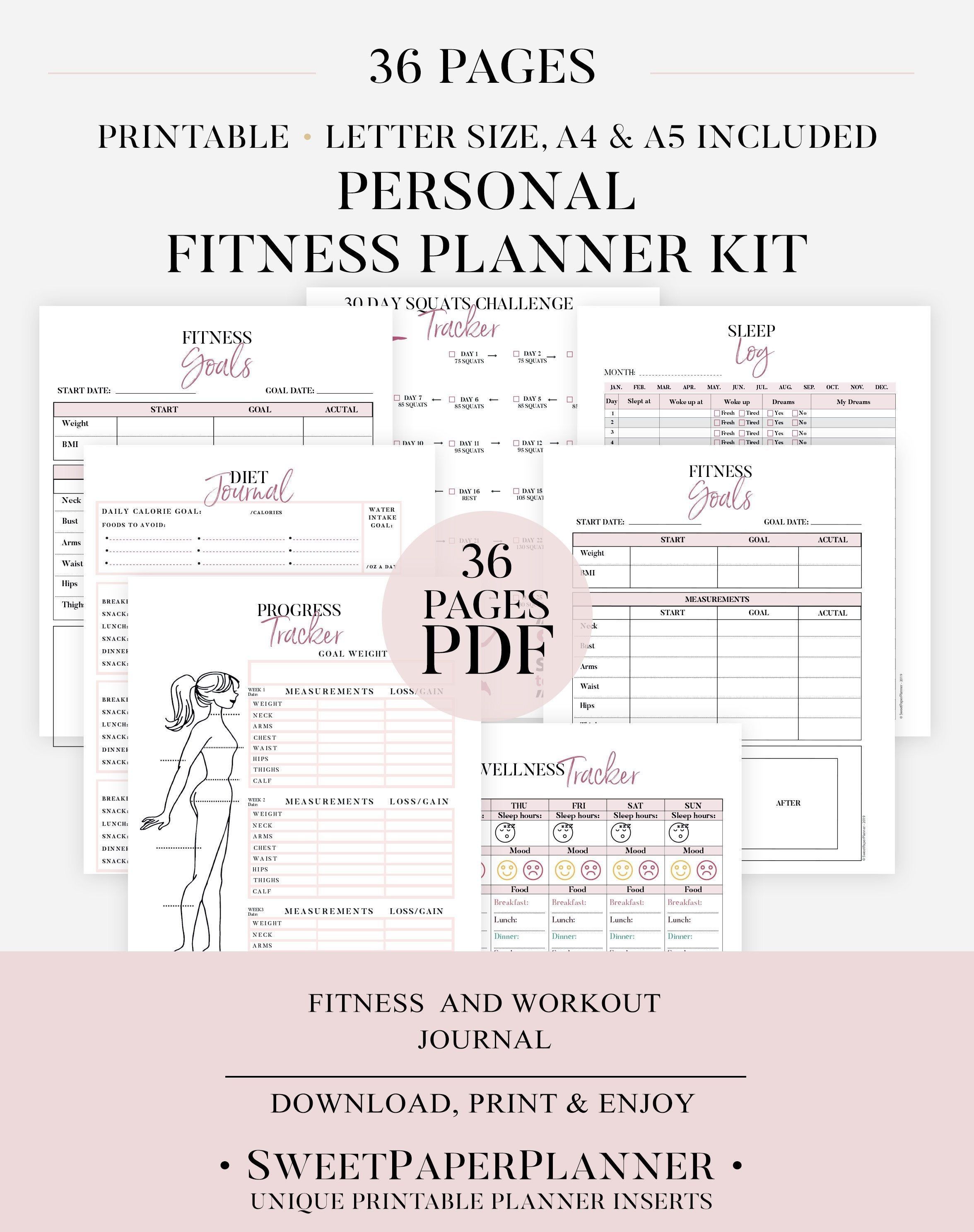 Ultimate Fitness Planner, Printable Health planner Bundle, Fitness Journal, Workout Log, Food And Exercise Tracker, 30 Day Squats Challenge -   15 fitness Tracker measurements ideas