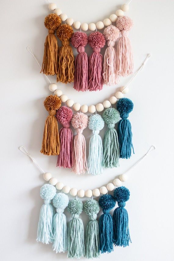 Earth Tone Rainbow Pom Pom Tassel Garland. Nursery and Kids Room Decor. Party Decorations. Ombre Yar -   16 diy projects For Kids with yarn ideas
