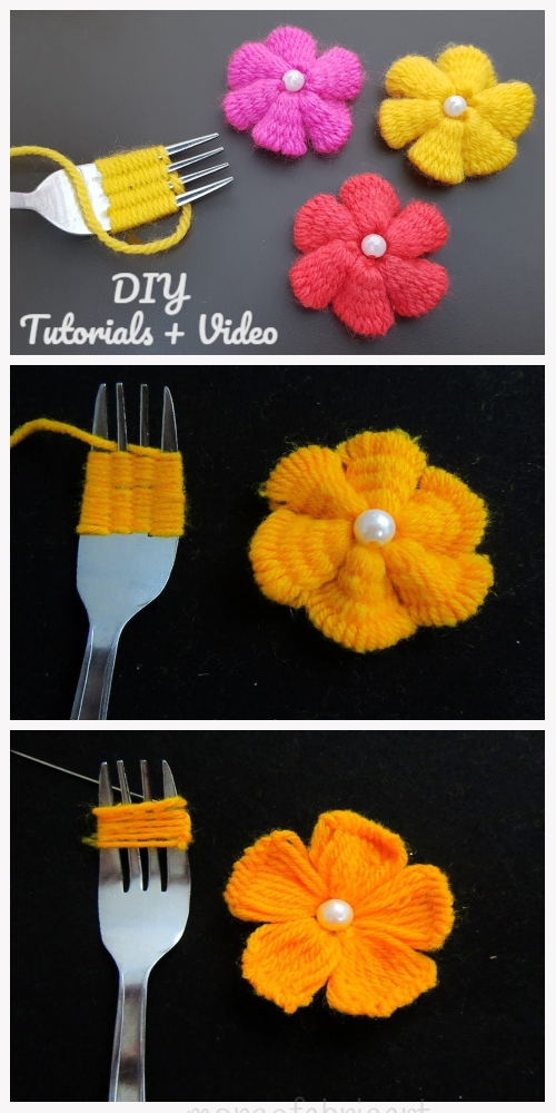 Fun Hand Embroidery Yarn Flower DIY Tutorial with Fork - Video -   16 diy projects For Kids with yarn ideas