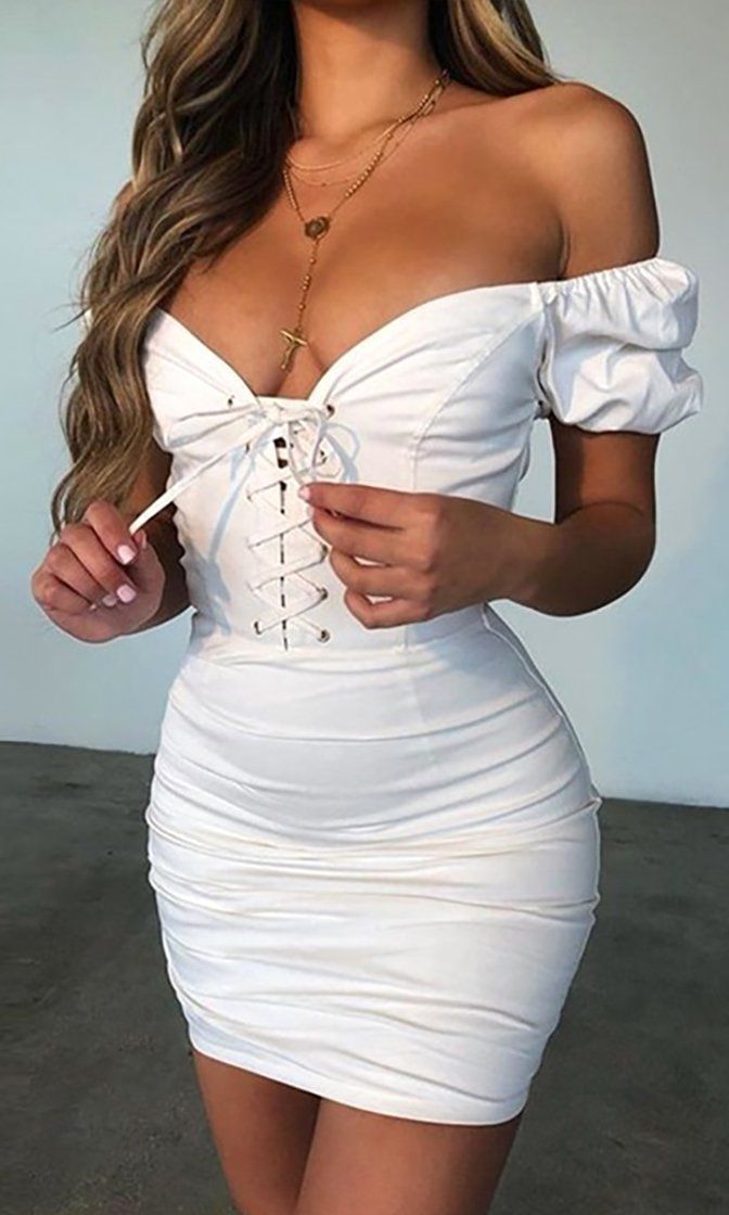 Wild In The Streets Short Puff Sleeve Off The Shoulder Lace Up V Neck Casual Bodycon Mini Dress - 2 Colors Available -   17 dress Party lace ideas