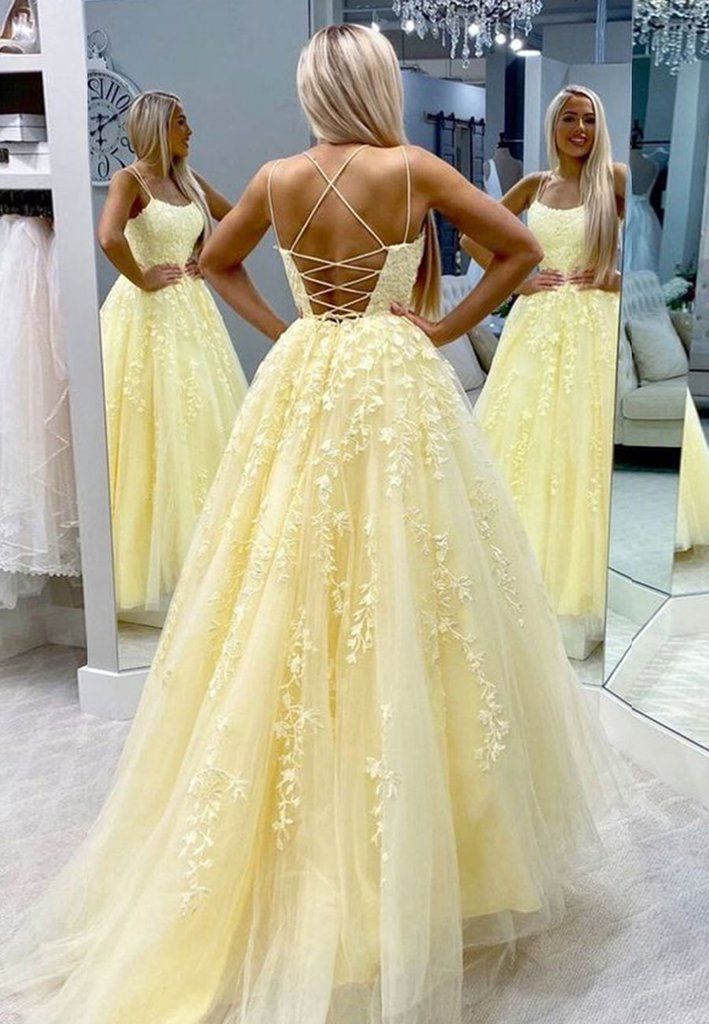 Yellow tulle lace long prom dress evening dress -   17 dress Party lace ideas