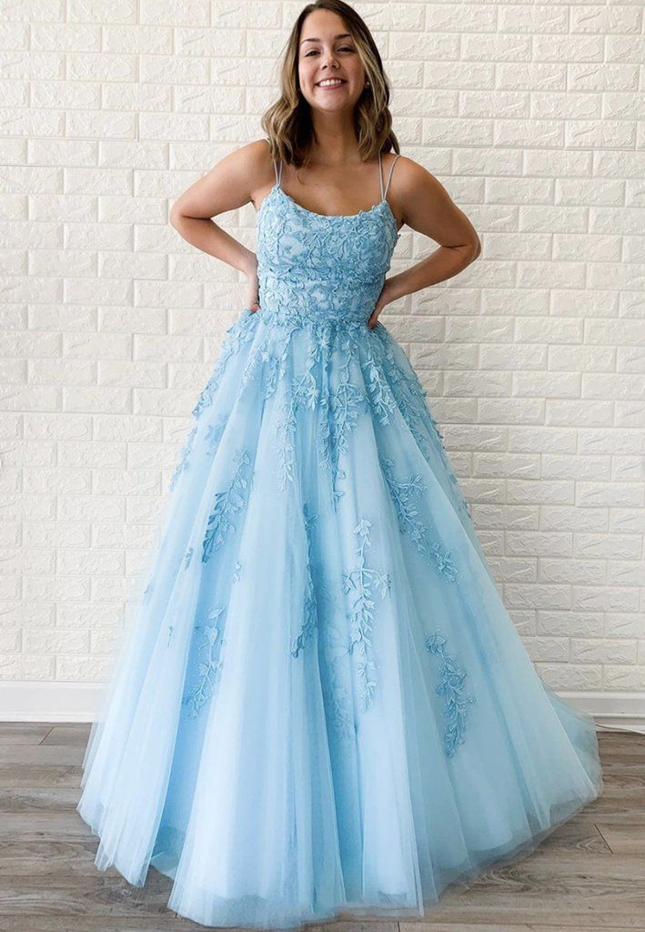 Blue lace tulle long prom dress party dress -   17 dress Party lace ideas