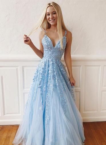 Light Blue V Neck Spaghetti Straps Full Length Lace Prom Dress, Party Dress from Girlsprom -   17 dress Party lace ideas