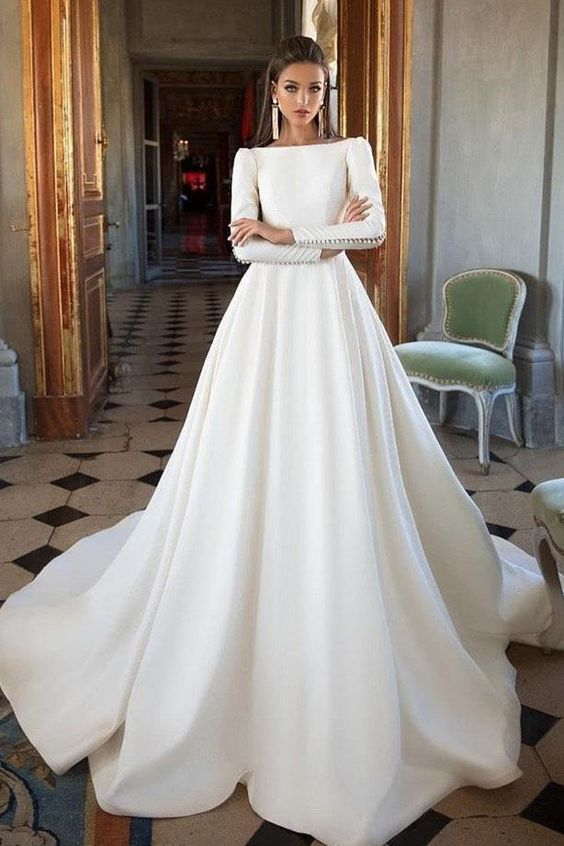 Simple Ivory Long Sleeves Satin A Line Wedding Dresses -   17 elegant wedding Gown ideas