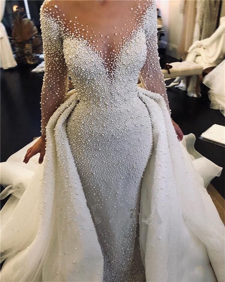Luxury Full Pearl Beaded Mermaid Wedding Dresses With Detachable Train Vintage Long Sleeves Saudi Arabic Plus Size Bridal Gown -   17 elegant wedding Gown ideas