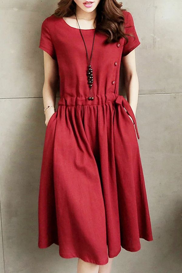 Burgundy Short Sleeve Solid A-line Casual Dress -   18 casual dress Patterns ideas