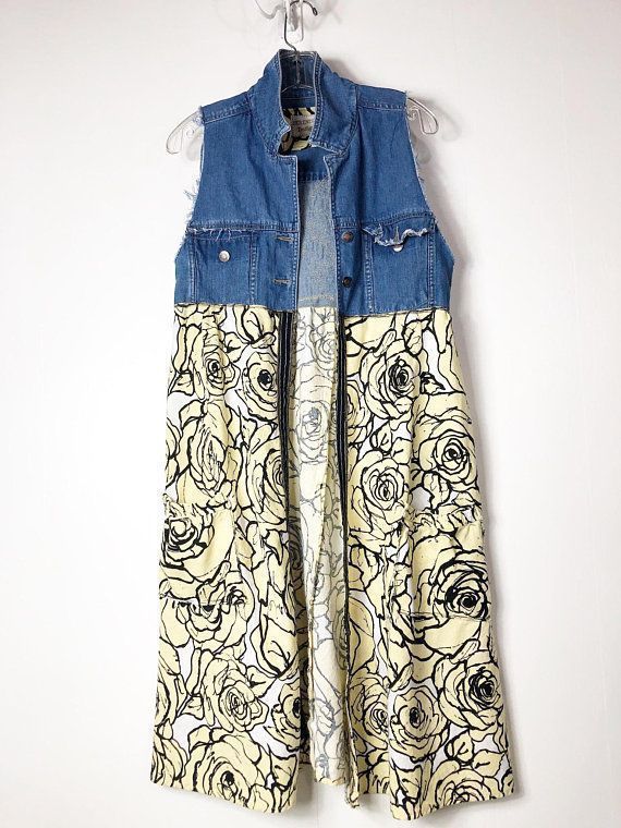 Denim Duster, Long Sleeveless Jacket, Women's Up-cycle, Pockets,  Boho Clothing, Unique, Artsy, Fun, Casual, One of a Kind, Floral Design -   19 DIY Clothes Denim fun ideas