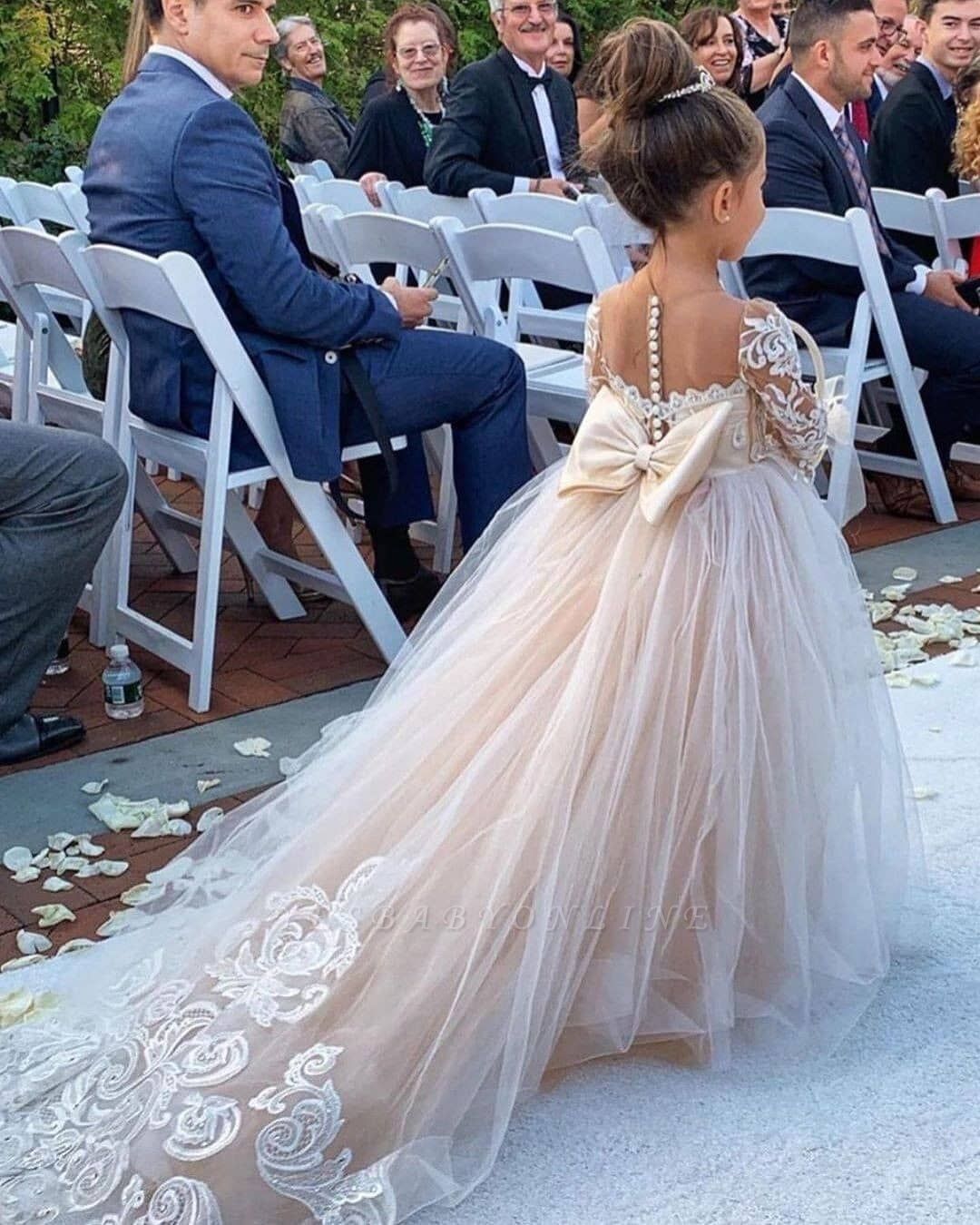 Princess Jewel Long Sleeves Sweep Train Lace Tulle Flower Girl Dresses with Bowknot -   20 wedding dresses ideas
