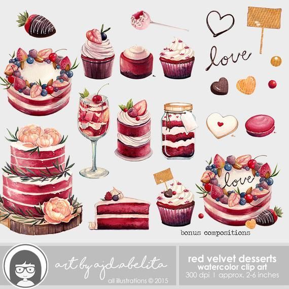 Red Velvet Cake - Watercolor, Illustration, Clipart Set, Printable, Instant Download, PNG - personal and small commercial use -   12 cake Aesthetic drawing ideas