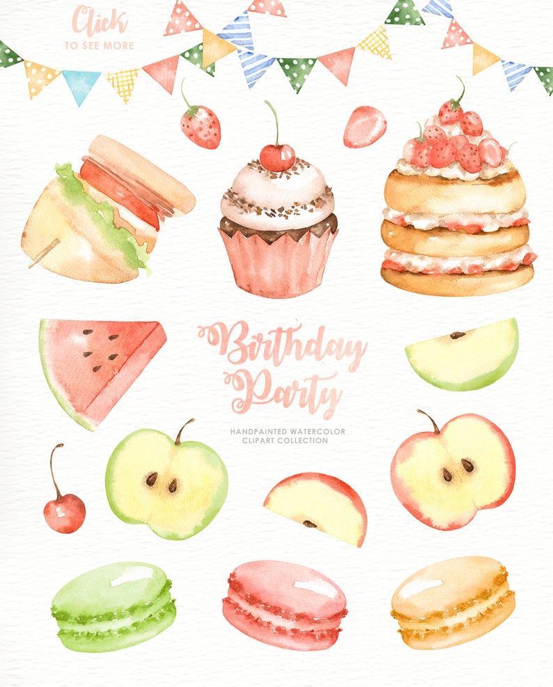 Birthday Party Watercolor Cliparts, Birthday Clipart, Kids Clipart, Nursery Decor, bunny, Tea Party Birthday, Watercolor Cake, Baby Shower -   12 cake Aesthetic drawing ideas