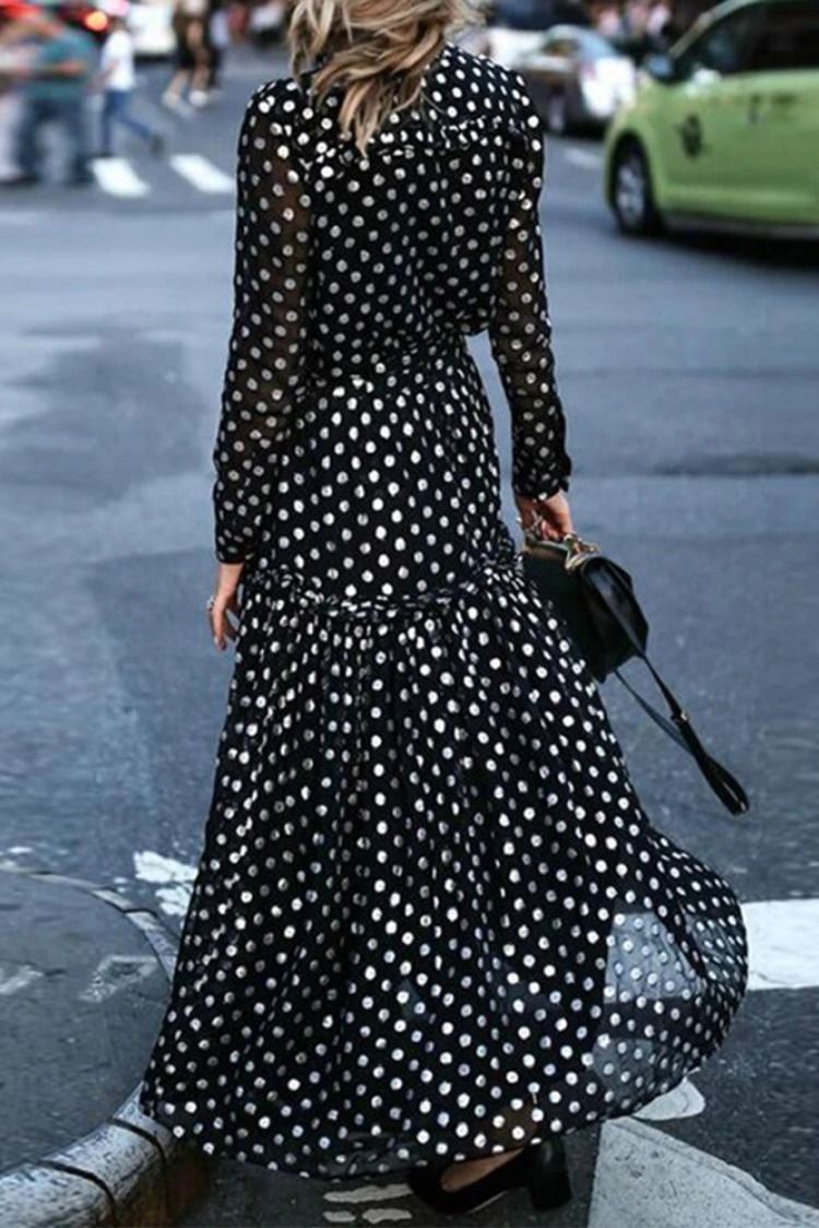 Polka Dot Print Stand Collar Long Sleeve Chiffon Shirt Dress - Black L -   12 dress Black camisero ideas