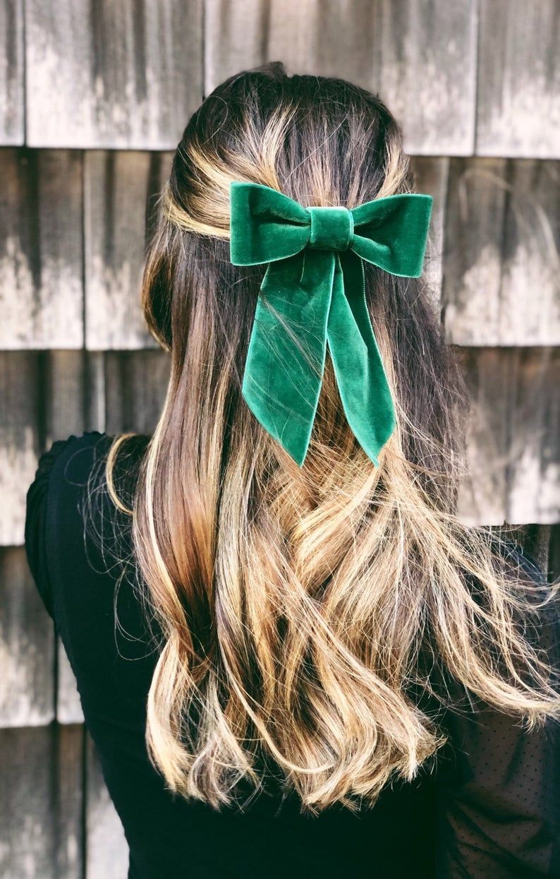Pine Green Velvet Hair Bow Barrette, Green Hair Bow, Christmas Hair Bow -   14 christmas hairstyles ideas