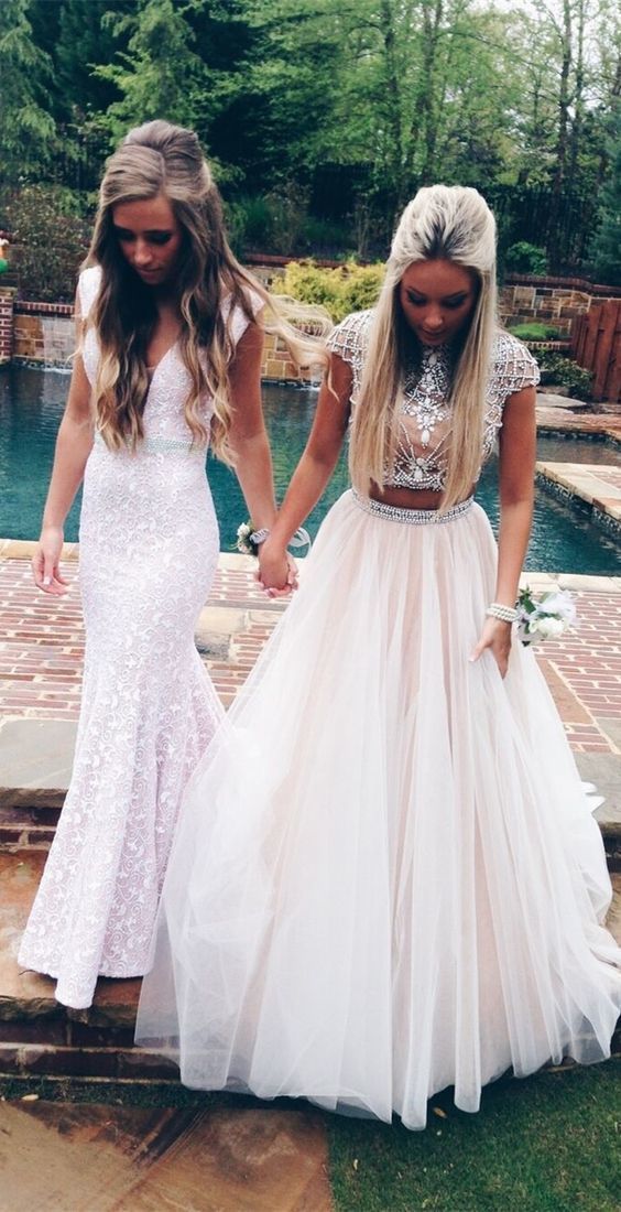 two piece white ball gown prom dresses with beaded, unique open back long prom dresses for teens  ML2065 -   14 dress For Teens open backs ideas
