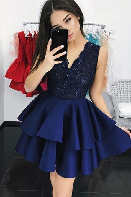 V-neck Sequin Lace Homecoming Dress with Tiered Skirt OHM038 -   15 dress Cortos azul ideas