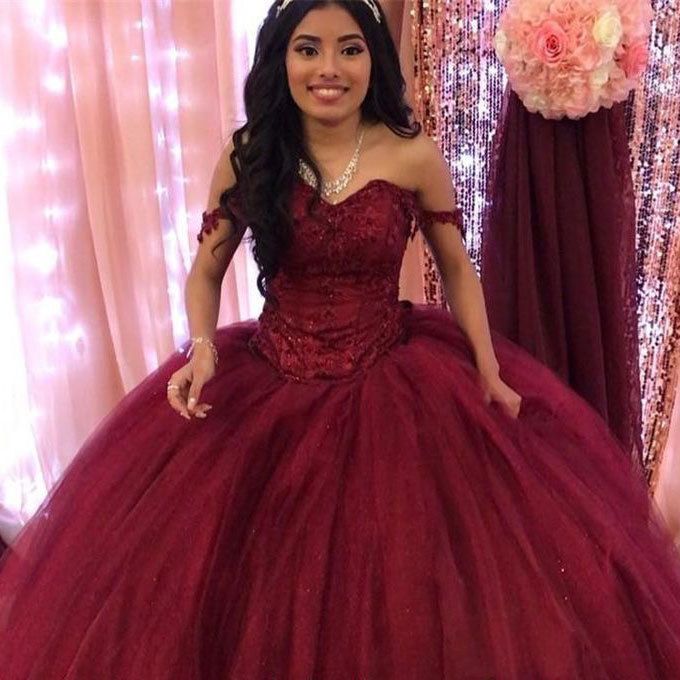 Burgundy Tulle Ball Gowns Off the Shoulder Prom Dresses Quineanera Dresses -   15 dress Quinceanera burgundy ideas