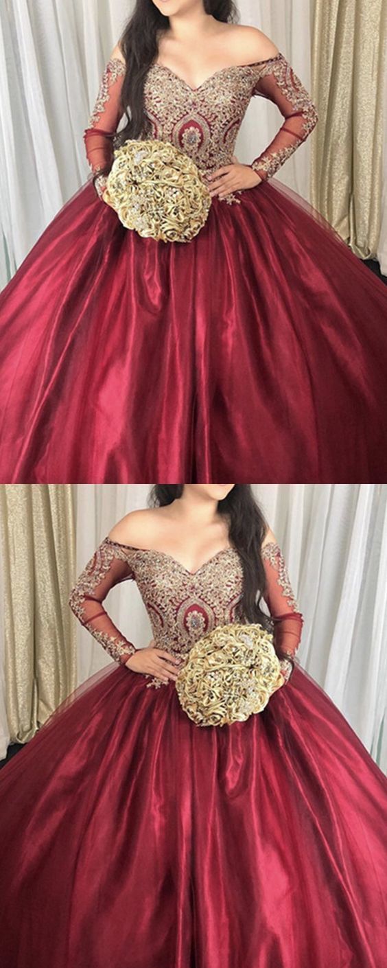 Elegant Formal Burgundy Quinceanera Dress, Appliques Long Sleeve Ball Gowns -   15 dress Quinceanera burgundy ideas