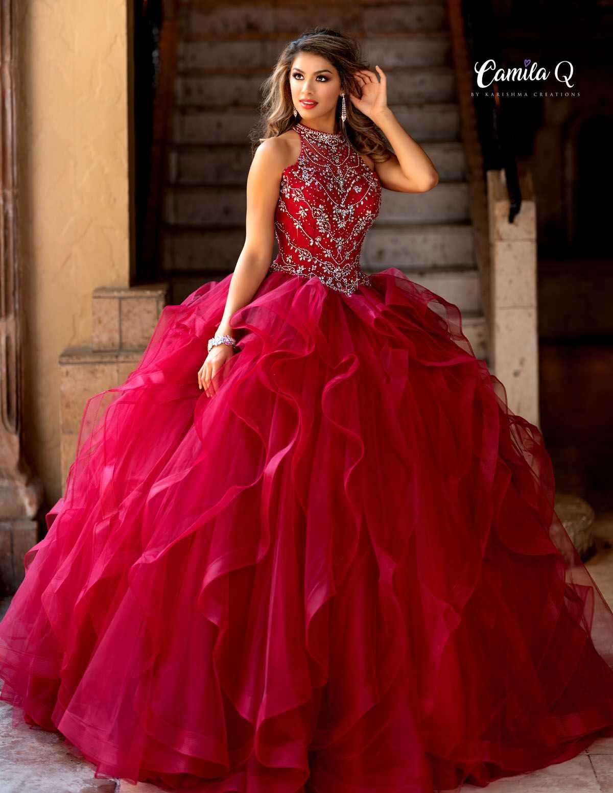 High Neck Ruffle Beaded Quincea?era Dress | Camila Q Style Q19006 -   15 dress Quinceanera burgundy ideas