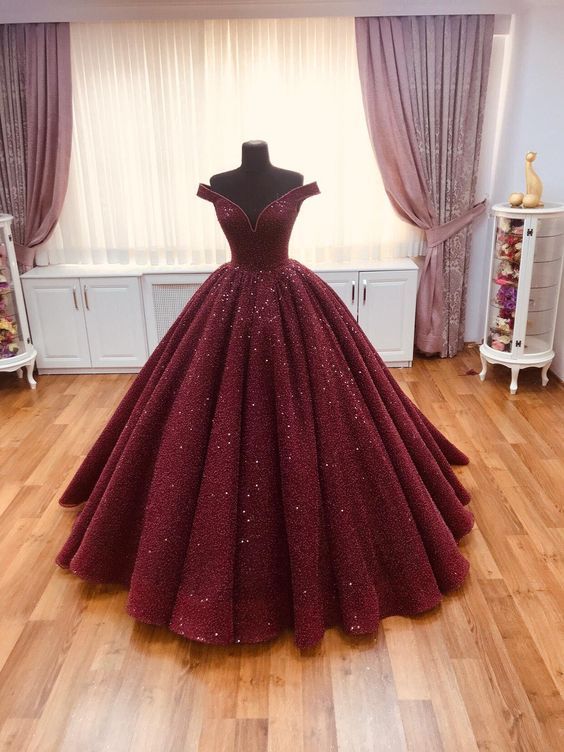 Burgundy Ball Gown Off the Shoulder Open Back Sequins Prom Dresses,Quinceanera Dresses,Girls Junior Graduation Gown -   15 dress Quinceanera burgundy ideas
