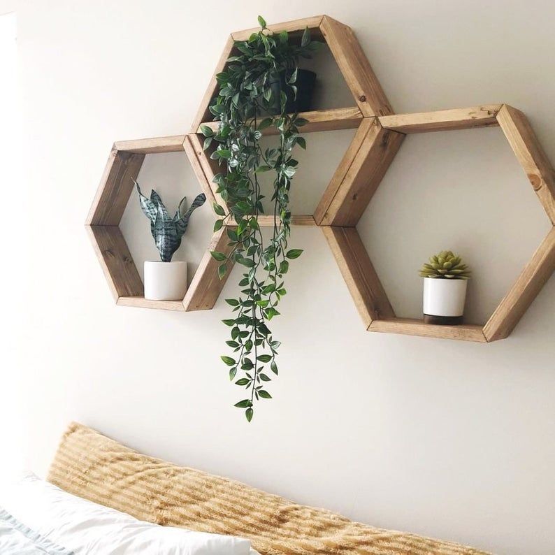 Wood Hexagon Shelves // INDIVIDUAL // geometric // honeycomb shelves // wood wall decor // rustic -   15 plants Appartement shelves ideas