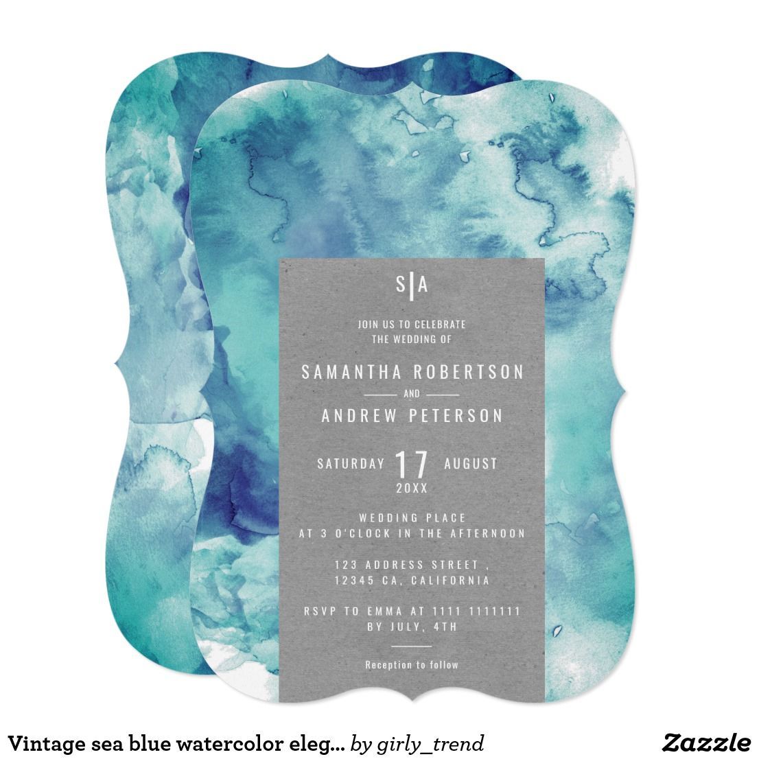 Vintage sea blue watercolor elegant kraft wedding invitation | Zazzle.com -   15 wedding Blue aqua ideas