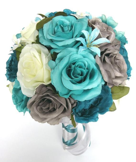 Wedding Bouquet, 17 Piece set Bridal Bouquet TEAL GRAY TURQUOISE Aqua blue, Wedding Silk flowers Bridesmaid Bouquet package 