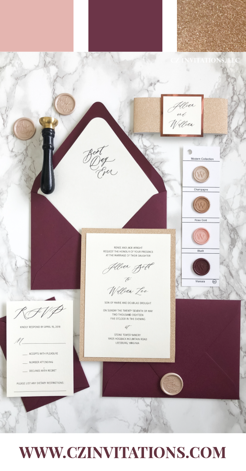 Rose Gold Glitter and Burgundy Wedding Invitation — CZ INVITATIONS -   15 wedding Burgundy sparkle ideas