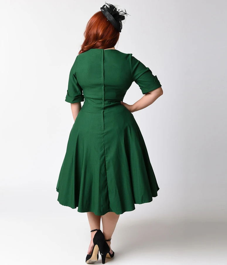 Unique Vintage Plus Size 1950s Emerald Green Delores Swing Dress with Sleeves -   17 dress Green vintage ideas