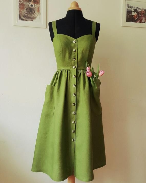 PEARL Moss green linen dress,sleeveless dress, linen dress,midi dress,vintage inspired dress, button down dress,straps dress -   17 dress Green vintage ideas
