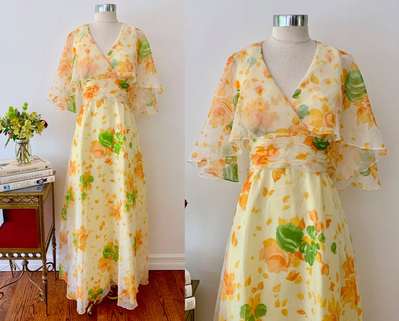 1970s Orange & Yellow Floral Maxi Dress by Lorrie Deb / Chiffon Overlay Capelette / Summer Long Party Dress w Full Skirt / US Size 8 Medium -   17 dress Yellow floral ideas