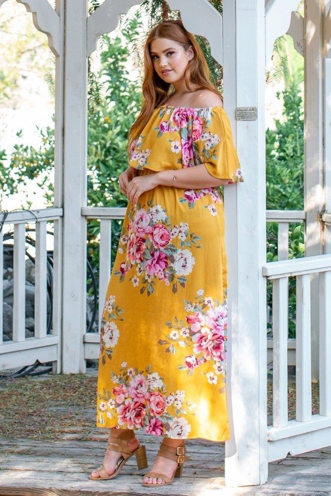 Women's Yellow Floral Plus Size Off Shoulder Ruffle Maxi. -   17 dress Yellow floral ideas