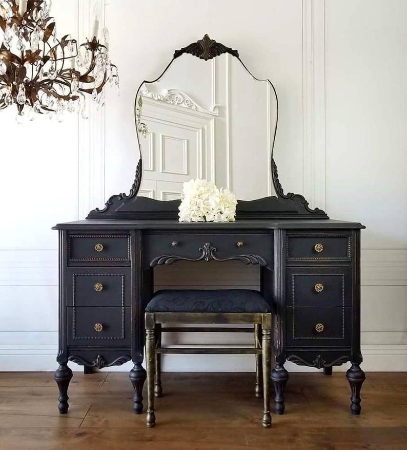 Pending! Free Shipping! Victorian 1930's Boudoir Matte Black Vanity Makeup Table Chic Glam Set Mirror Bench Hollywood Southern California -   17 farmhouse makeup Vanity ideas