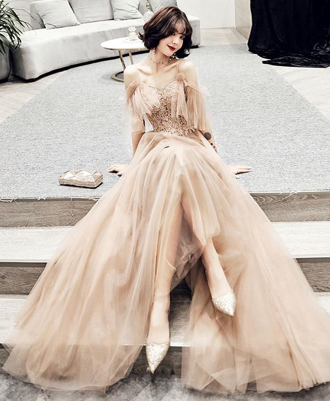 Champagne tulle lace long prom dress, champagne evening dress -   17 prom dress Korean ideas