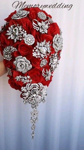 Red teardrop brooch bouquet. Cascading jeweled silver wedding bridal bouquet. Red roses boquet -   18 dress Red wedding ideas