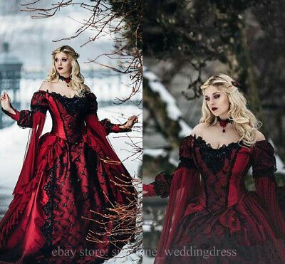 Gothic Medieval Red Black Wedding Dresses Long Sleeve Lace Applique Bridal Gowns  | eBay -   18 dress Red wedding ideas