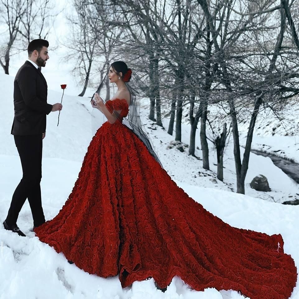 2020 Red Wedding Dresses with 3D Rose Flowers Cathedral Train Arabic Middle East Church Off Shoulder Backless Wedding Gowns -   18 dress Red wedding ideas