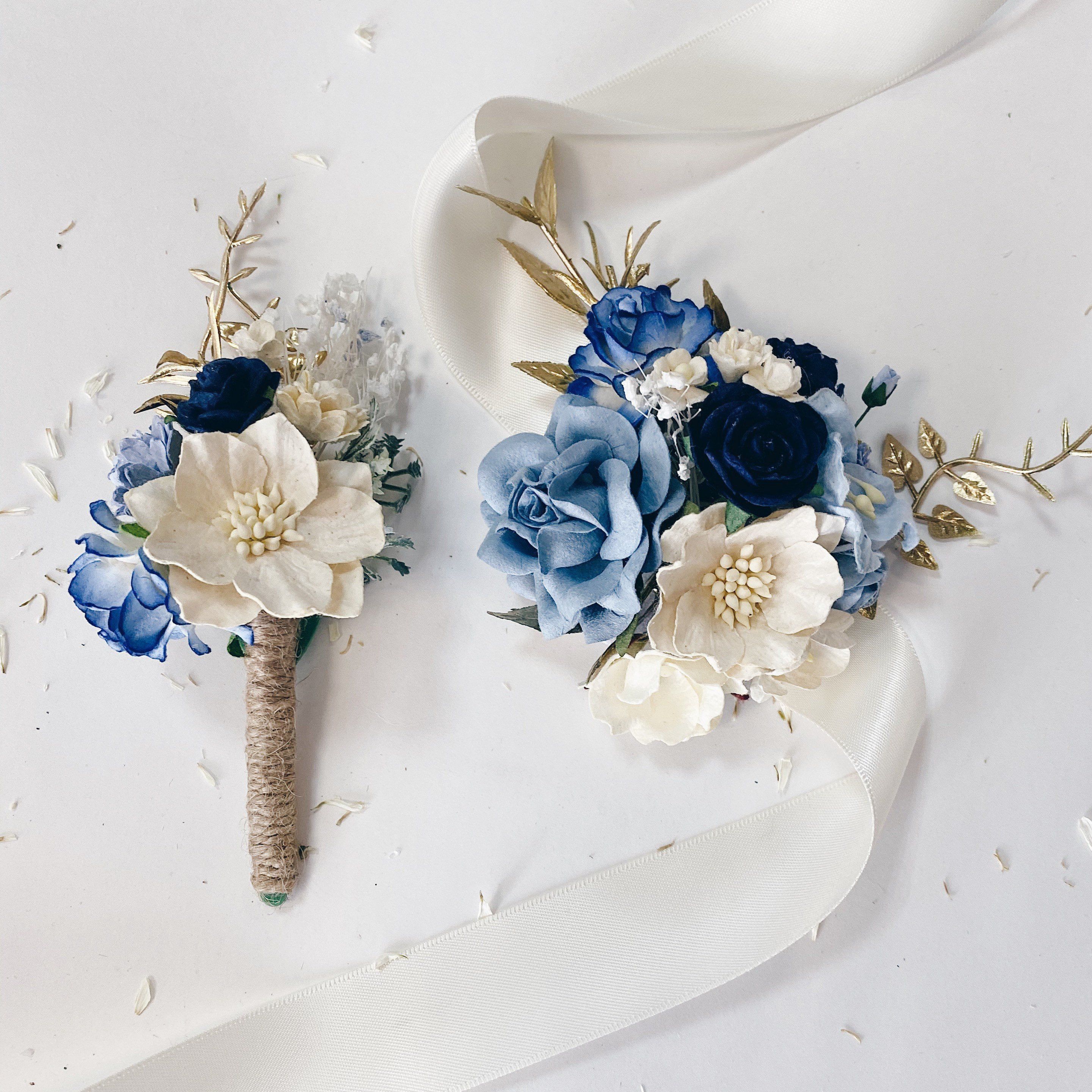Dusty blue Navy Corsage and boutonni?re set, boutonni?res for men, dusty blue corsage wristlet, wedding flower bracelet, pale blue wrist -   19 wedding Blue bouquet ideas
