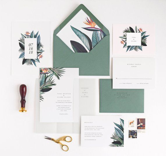 Vera Wedding Invitation & Correspondence Set / Romantic Modern Tropical Birds of Paradise and Palm Leaves / Sample Set -   19 wedding Invites tropical ideas