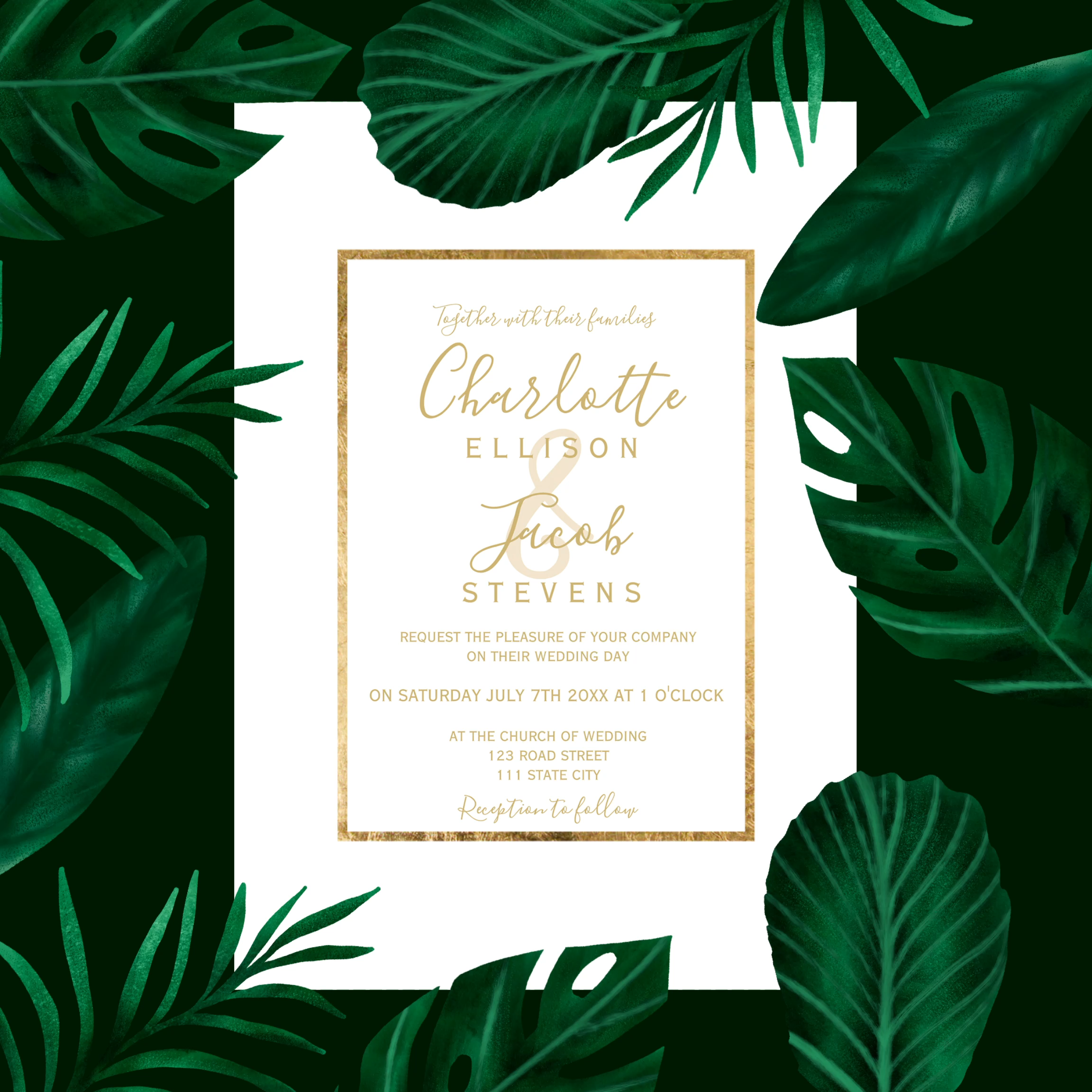 Tropical green leaf watercolor gold script wedding invitation -   19 wedding Invites tropical ideas