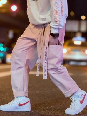 Aelfric Eden Japanese Streetwear Cargo Pants Men Women Ribbon Letter Embroidery Hip Hop Joggers Trousers Casual Pink Harem Pants | akolzol.com -   15 chinese street fashion ideas