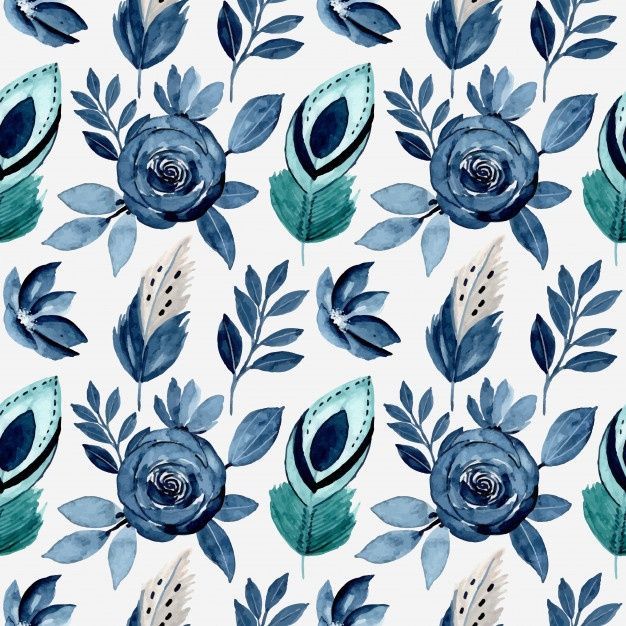 Seamless Pattern With Flower And Feather Watercolor Blue -   15 plants Watercolor pattern ideas