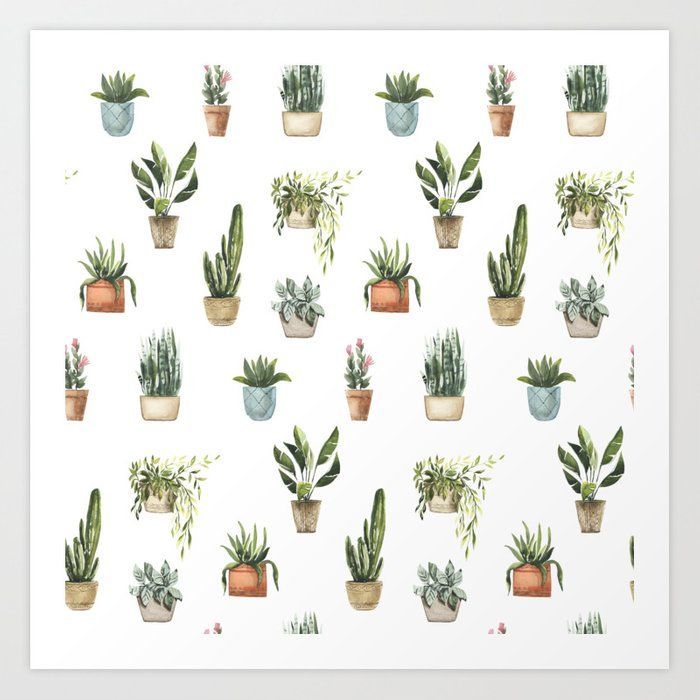 Potted Plants Watercolor Pattern Art Print by junkydotcom -   15 plants Watercolor pattern ideas