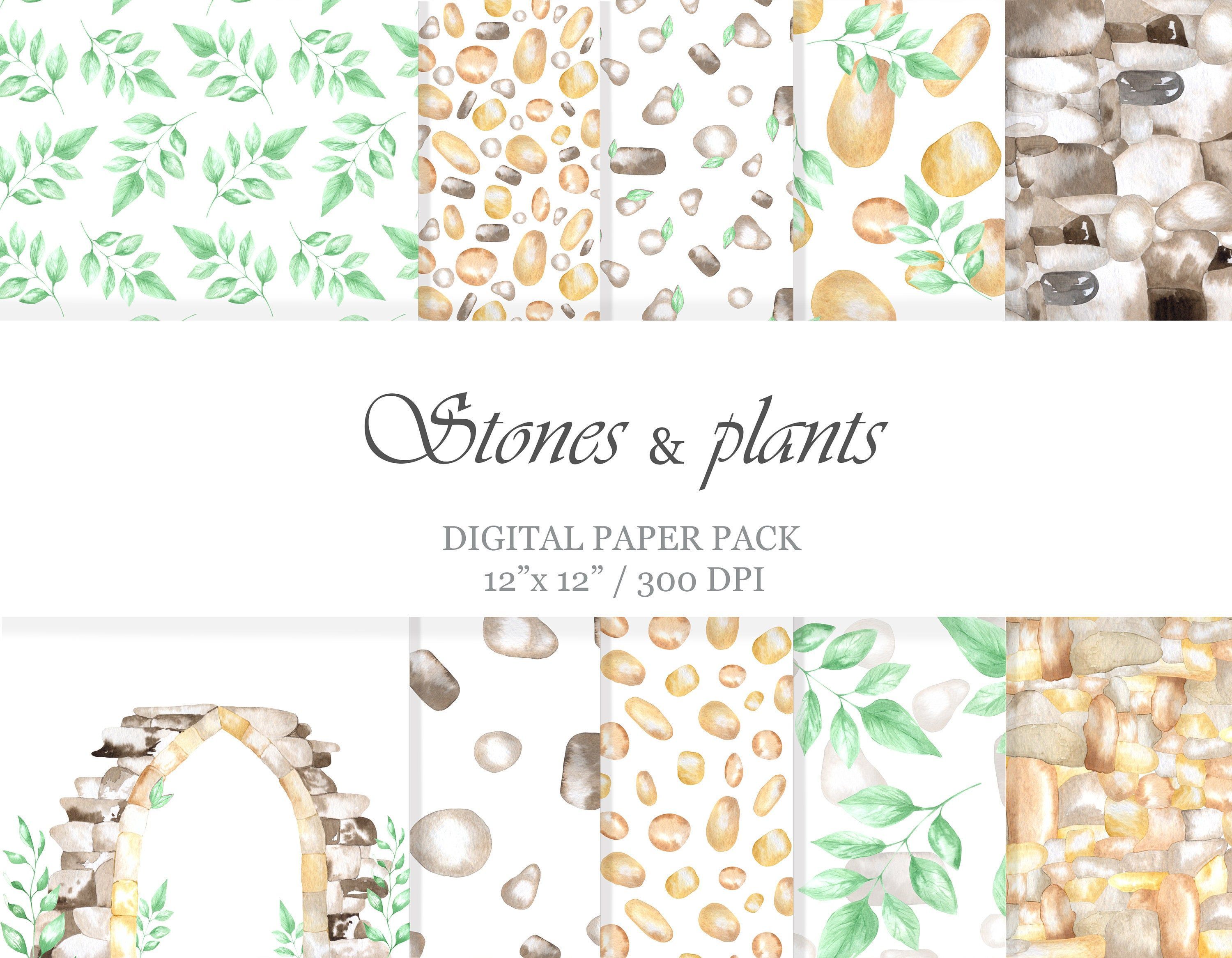 Stones and plants watercolor digital paper.Stone patterns.Stone,floral seamless background,digital wallpaper for instant download.JPEG -   15 plants Watercolor pattern ideas