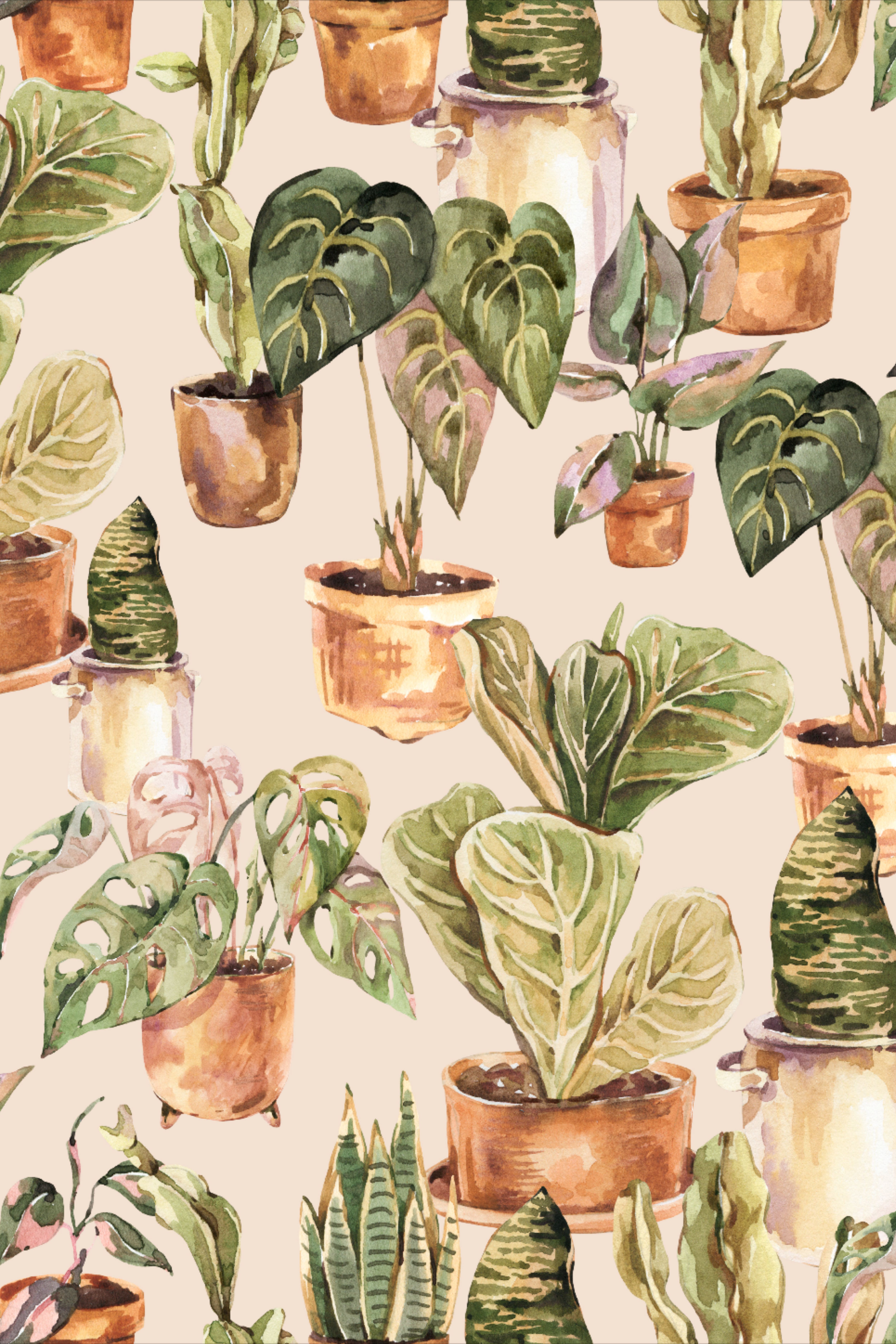 Greenery Pattern. Trendy Indoor Plants. -   15 plants Watercolor pattern ideas