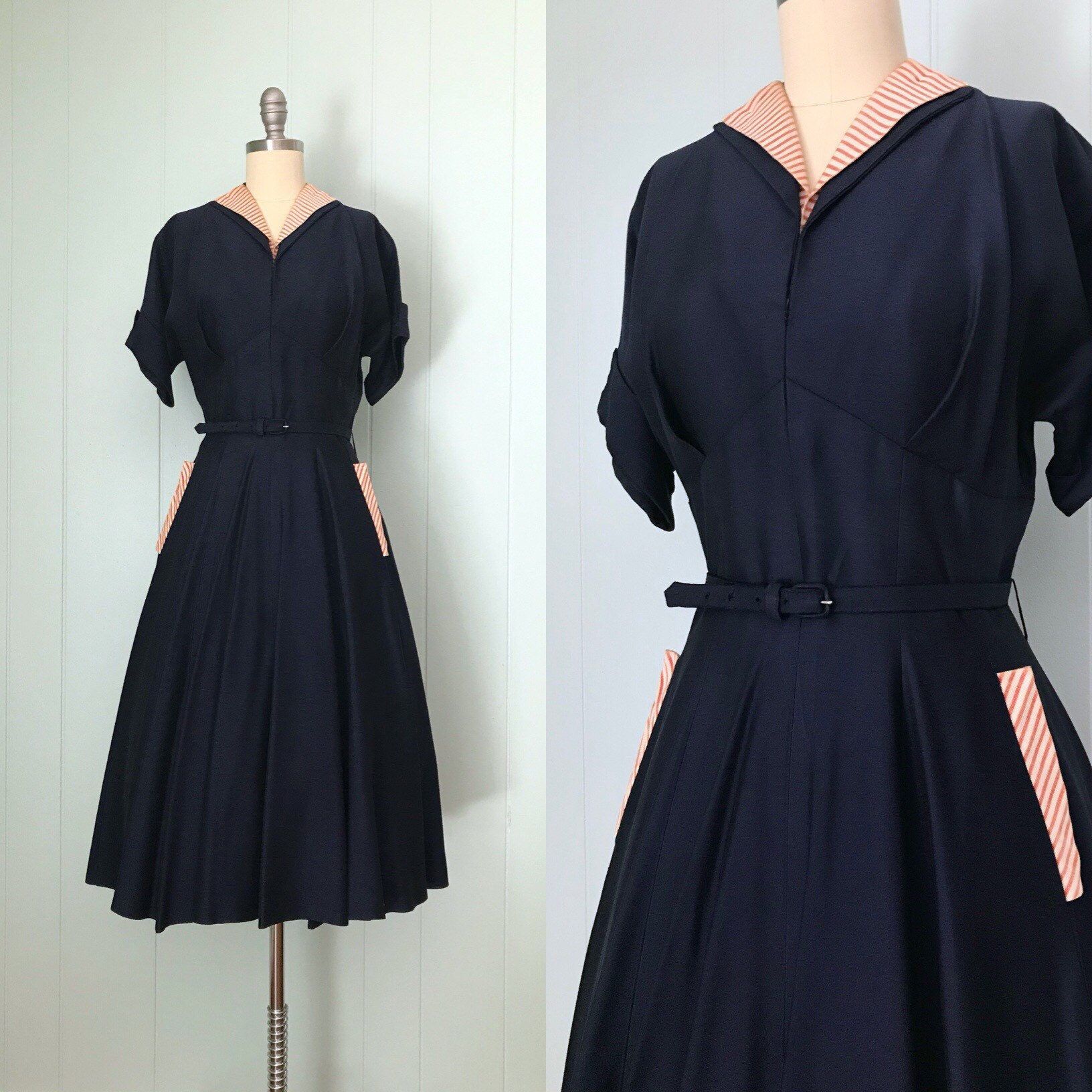 1950s Navy Blue Striped Collar Swing Dress  50s Short Sleeve | Etsy -   18 dress Blue etsy ideas
