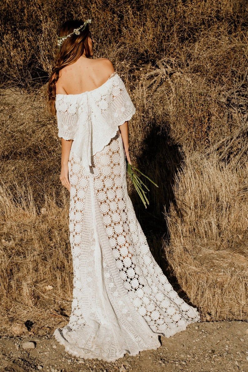 Crochet Lace Wedding dress made of Vintage Off Shoulder WEDDING Maxi Dress Gown W/ Train Bohemian Boho Saldana Elopement Holly Dress -   19 dress Maxi lace ideas