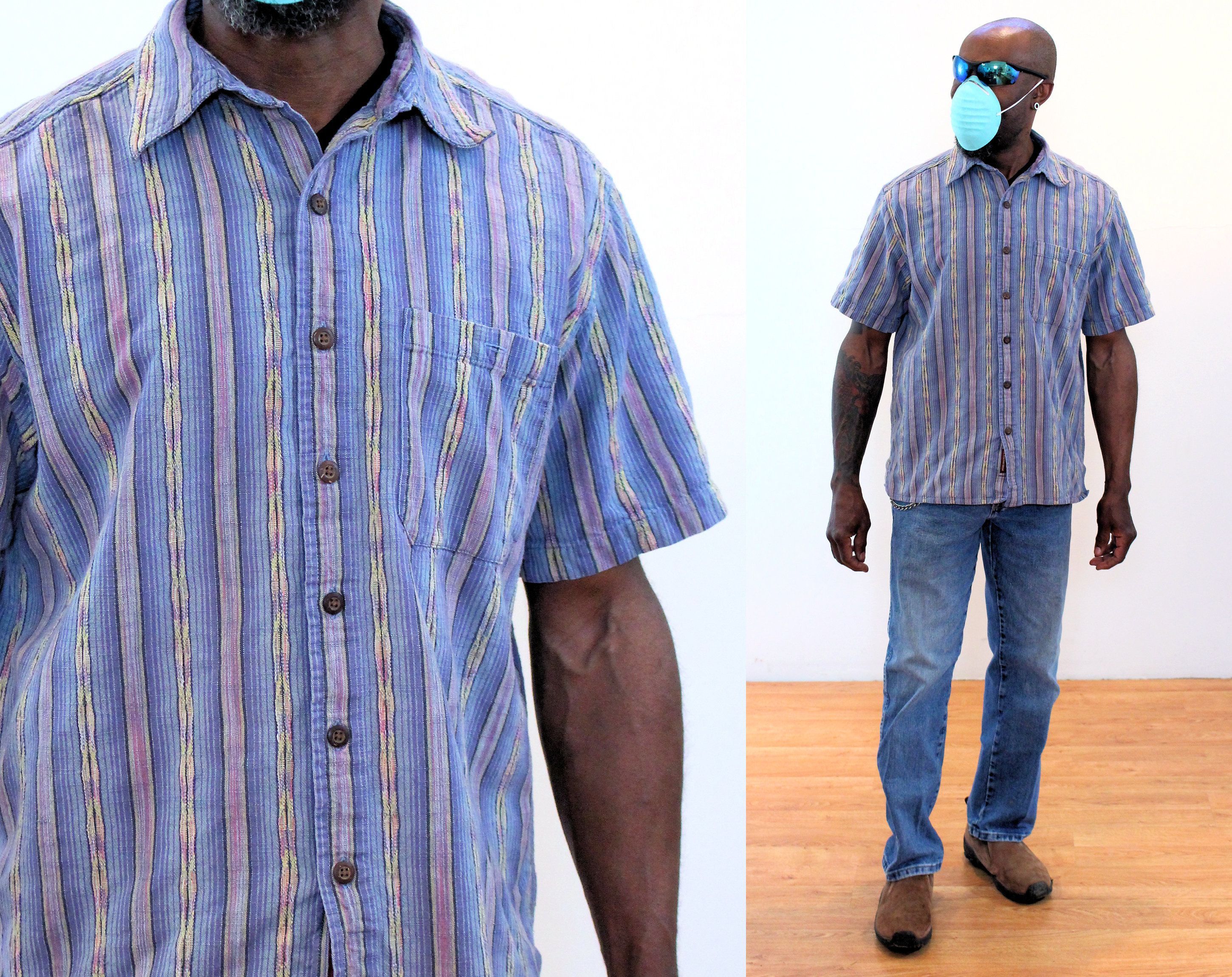 90s Territory Ahead Shirt M L, Men's Southwestern Striped Lavender Blue Heavy Cotton Short Sleeve, Oversized Medium -   19 fabric crafts For Men man shirt ideas