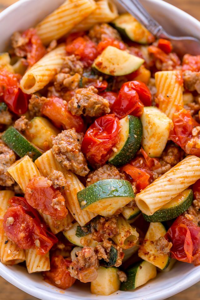 Rigatoni with Sausage, Tomatoes, and Zucchini - Baker by Nature -   19 healthy recipes For Two link ideas